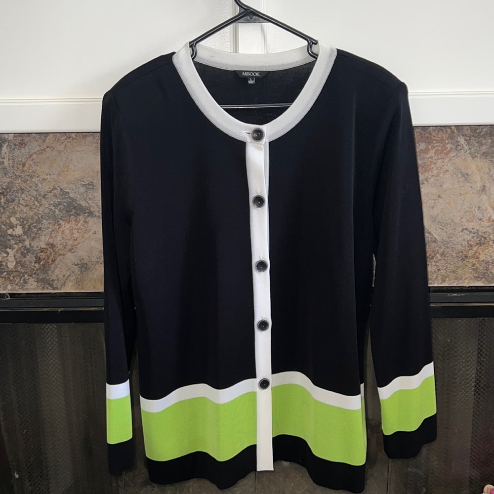 Misook button up jacket size large black, white, and green